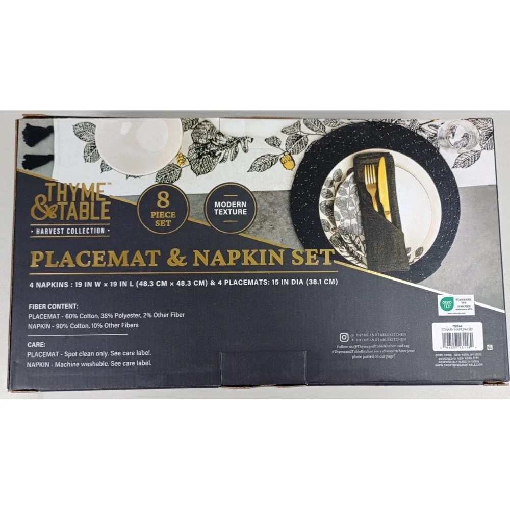 Thyme & Table Harvest Collection 8 Piece Placemat Napkin Set Black Gold